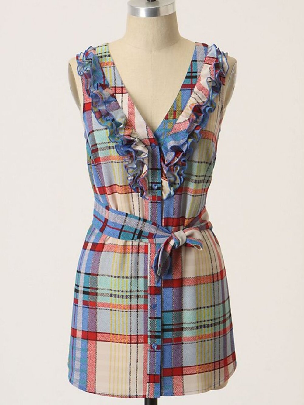 Fei Anthropologie ruffles belted plaid sleeveless tunic top 4